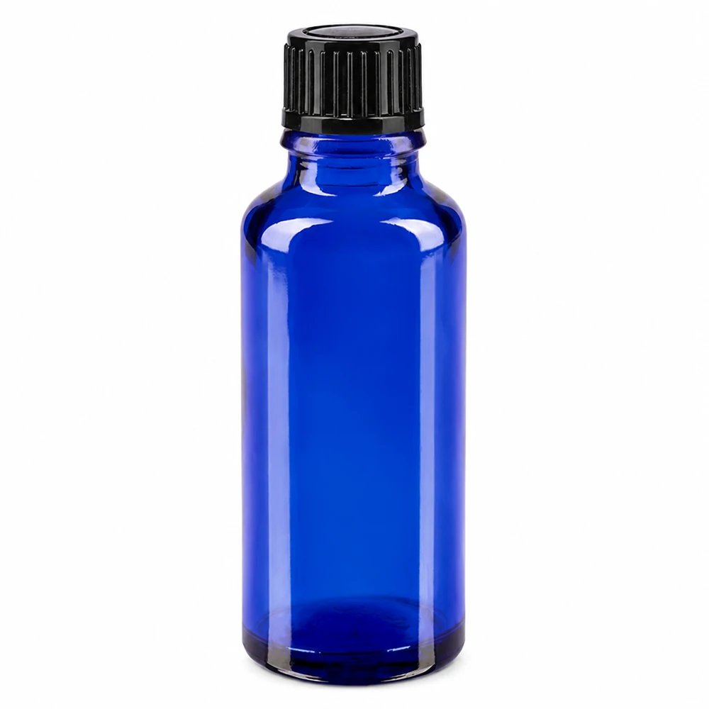 Flacon compte-gouttes bleu cobalt de 30 ml avec un orifice de 1 mm et un bouchon à vis noir à l'épreuve des enfants