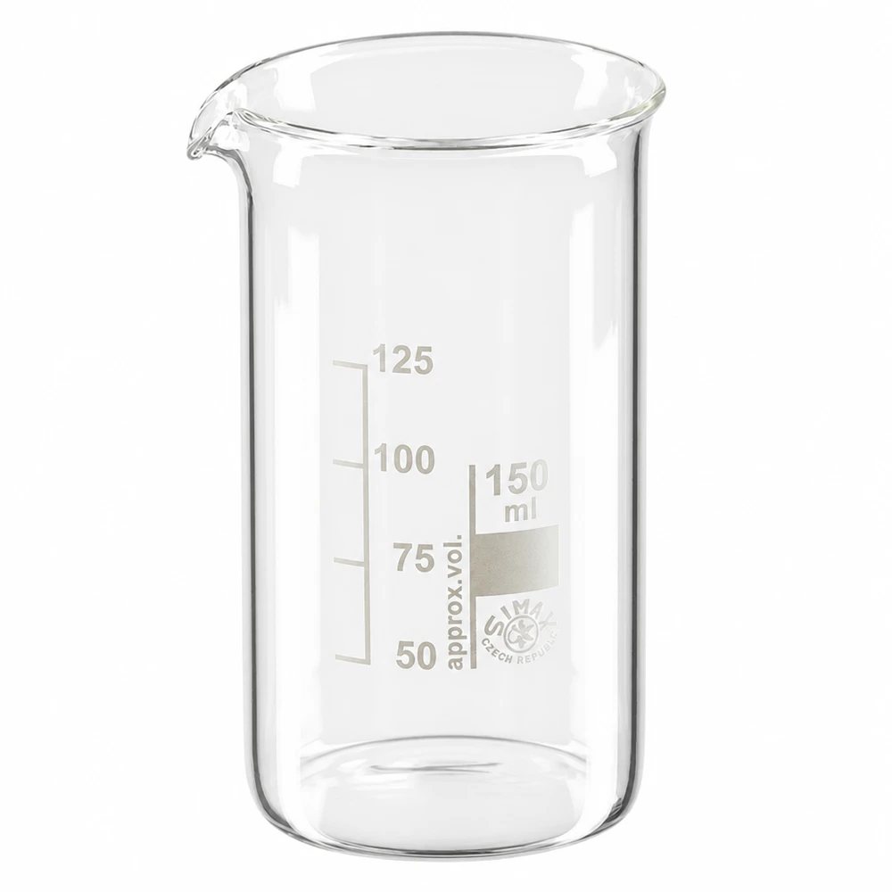 Bécher 150ml en verre borosilicate résistant à la chaleur (forme haute) Bécher de laboratoire en verre transparent, 150 ml, forme haute, avec bec verseur et échelle graduée