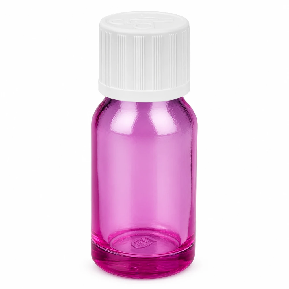 Bouteille 10ml 11mm bouchon à vis blanc standard sécurité enfants PurpleLine UT18/10 Bouteille PurpleLine de 10 ml en verre de haute qualité avec protection UV pour les substances sensibles à la lumière
