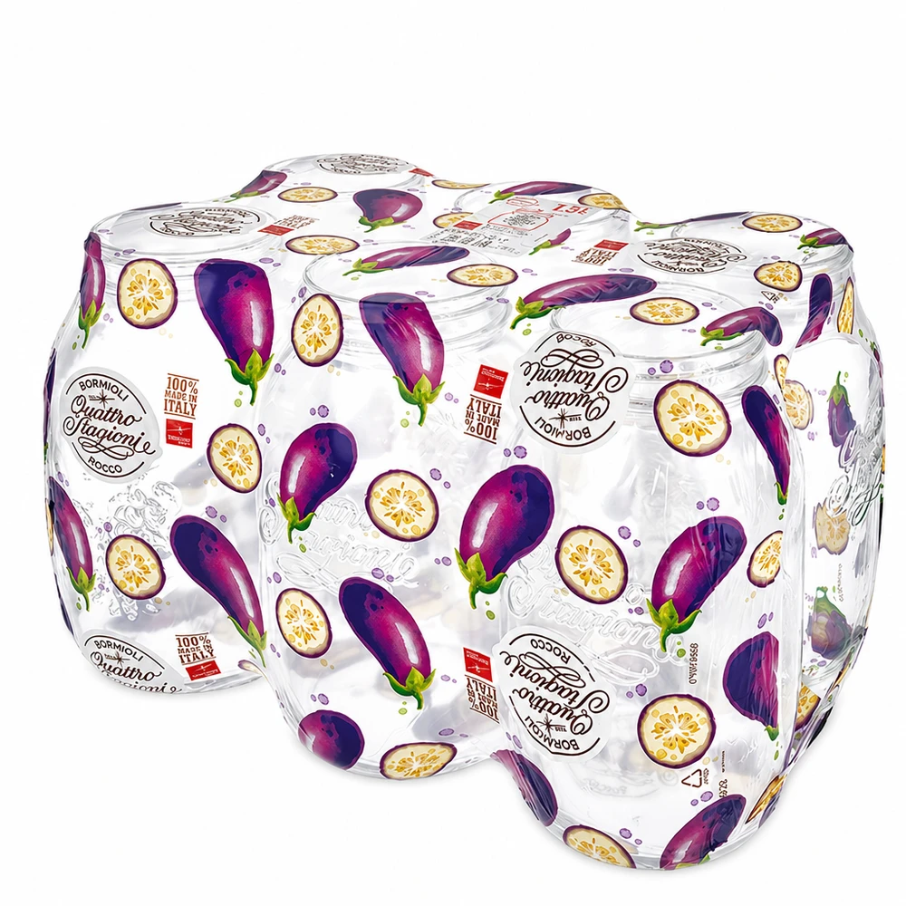 1500ml verre rond « Quattro Stagioni » avec couvercle Quattro Stagioni 1500ml bocaux en verre set de 6 avec décor d'aubergines colorées bouchon à vis italien bocaux à conserves