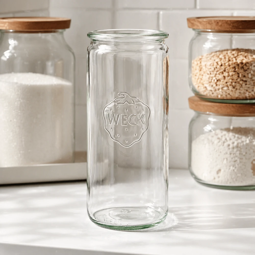 WECK Verre cylindrique 1040ml RR80 vide sur plan de travail de cuisine blanc entre des bocaux à provisions remplis avec couvercles en bois