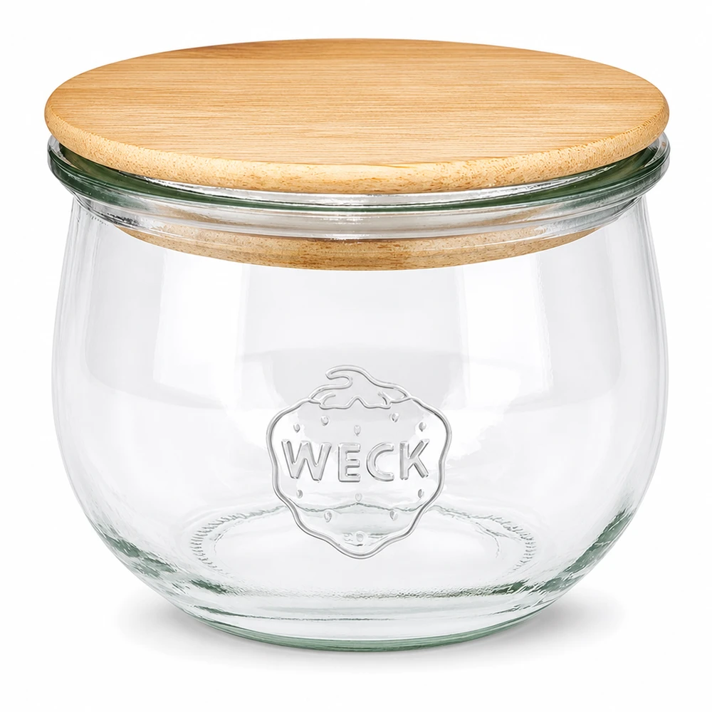 580ml bocal tulipe WECK RR100 avec couvercle en bois WECK Pot tulipe 580ml RR100 avec couvercle en bois naturel - pot à provisions en verre clair avec logo WECK
