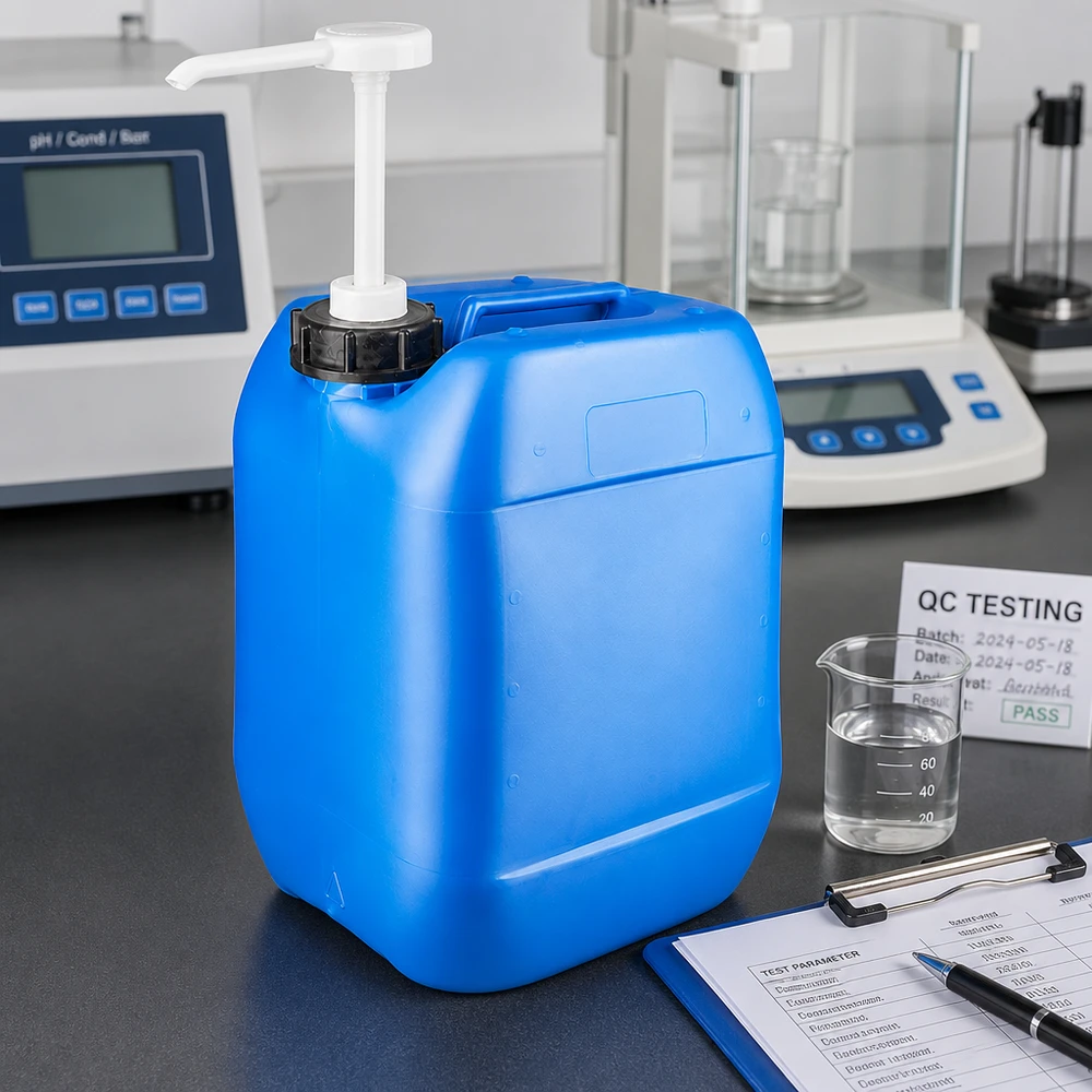 Bidon portable en plastique bleu de 10 L, muni d'une pompe blanche et dont le contenu a été contrôlé par le service qualité