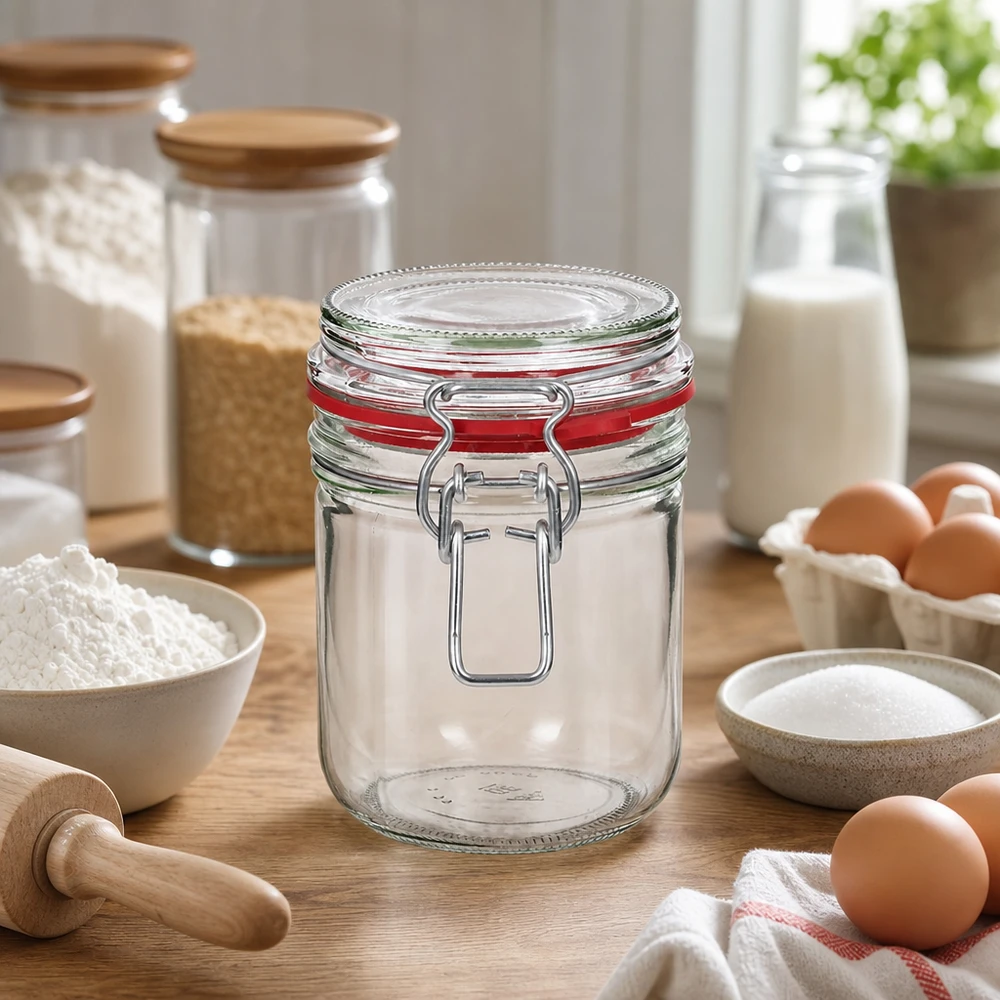 Bocal de conservation de 400 ml, type G, avec bouchon à clip UN.. Bocal à provisions robuste de 400 ml en verre transparent avec fermeture à étrier pour une organisation moderne de la cuisine