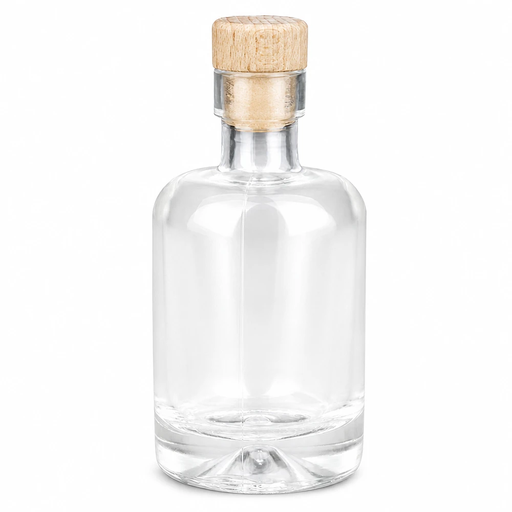 Bouteille en verre 50 ml « Amelie » avec bouchon en bois UNiTWIST Bouteille en verre 50ml Amelie avec bouchon à poignée en bois UNiTWIST vide transparent pour spiritueux et huiles