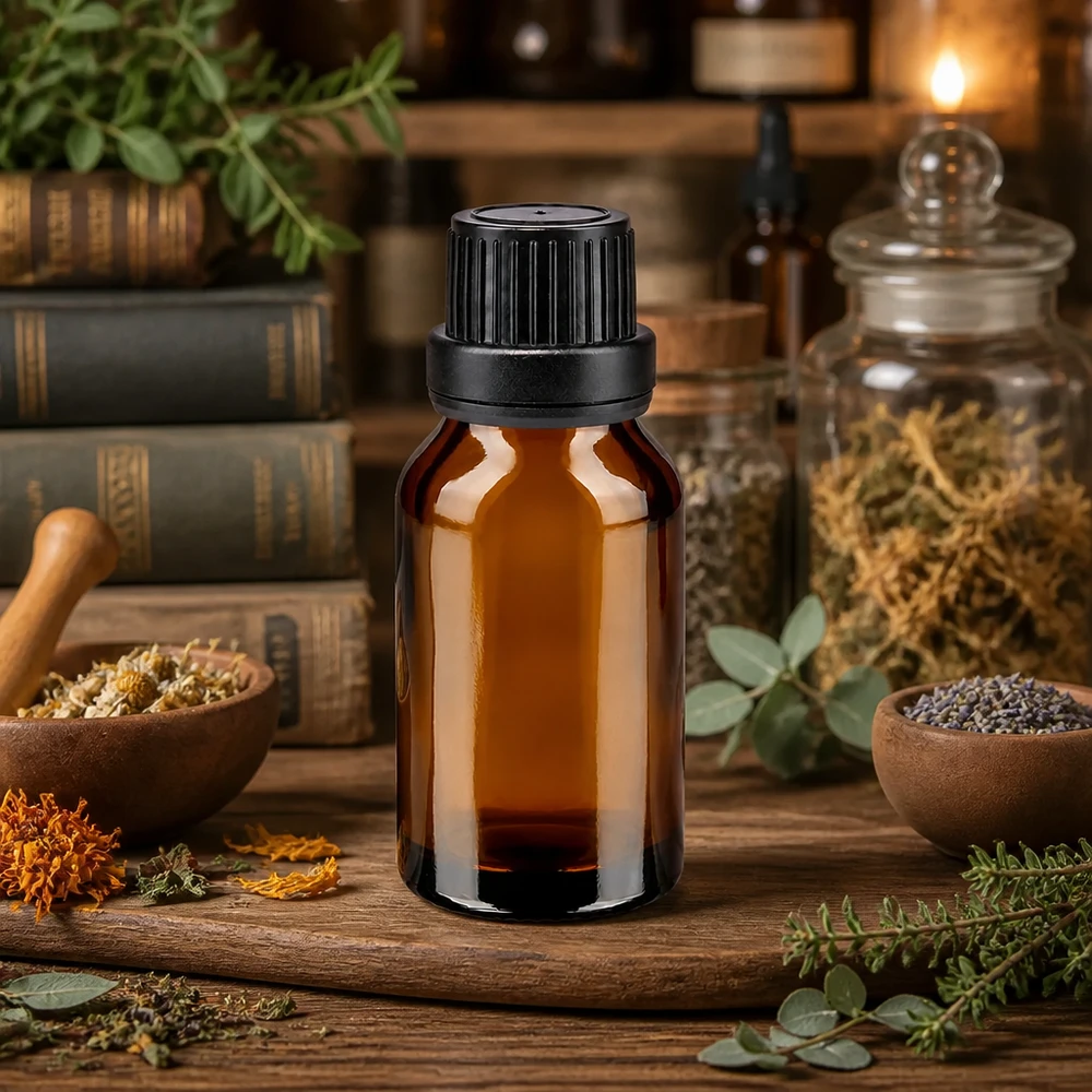 Flacon en verre ambré de 15 ml avec joint d'étanchéité, entre le calendula, la lavande et des livres sur la médecine naturelle