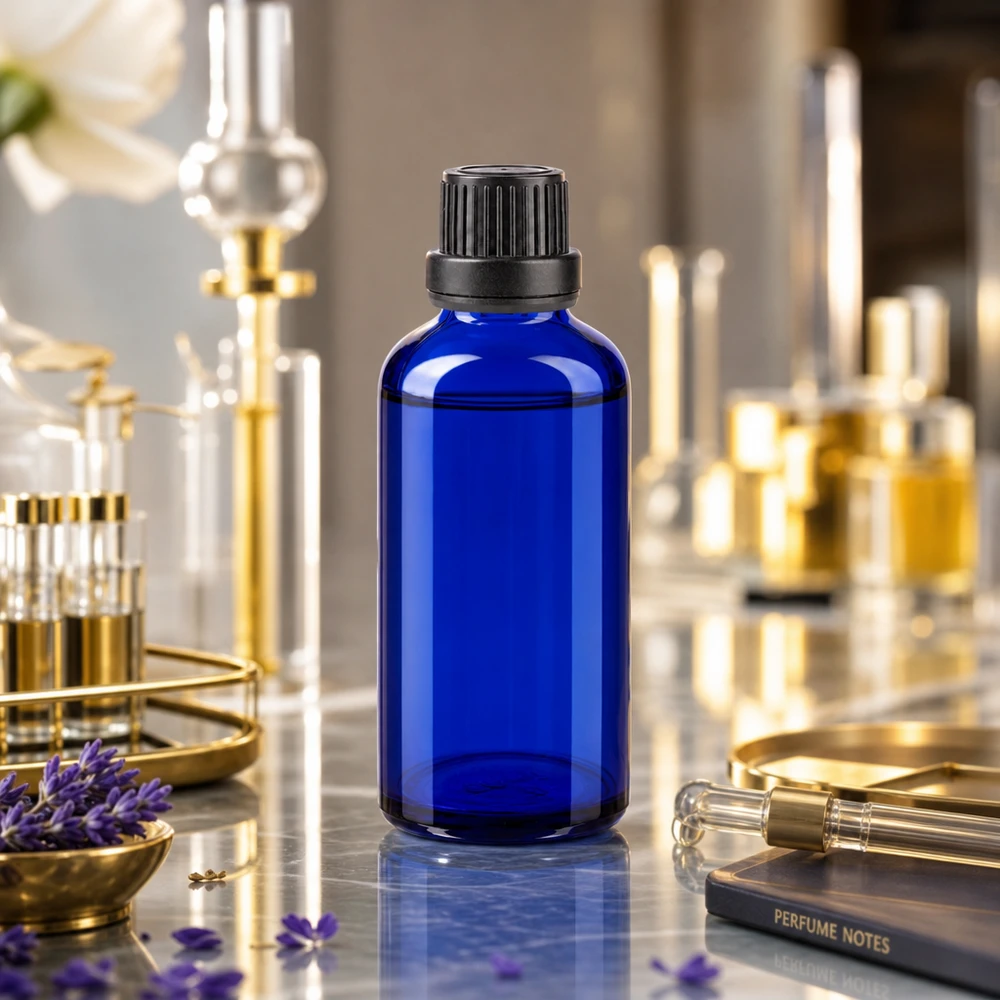 Flacon à pharmacie bleu 50ml bouchon inviolabilité 2mm noir Flacon compte-gouttes en verre bleu de 50 ml muni d'un bouchon OV, posé parmi des instruments de laboratoire dorés et des fleurs de lavande