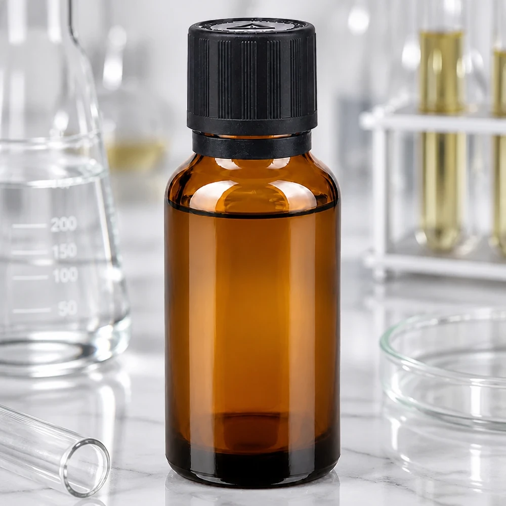 Flacon brun 20 ml, bouchon compte-gouttes noir 1 mm, sécurité enfants, avertissement aveugles Flacon de pharmacie de 20 ml en verre ambré avec bouchon à l'épreuve des enfants, utilisé en milieu de laboratoire