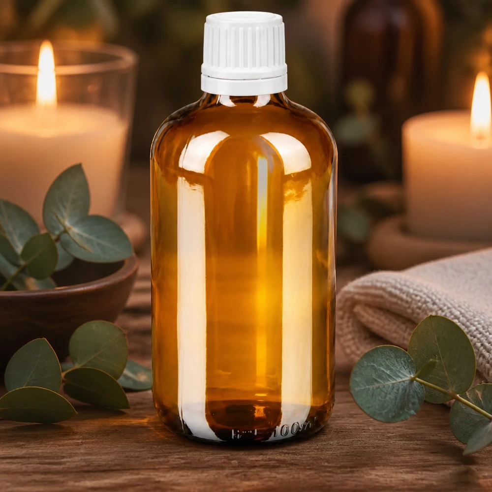 Flacon de pharmacie 100 ml, verre brun, bouchon blanc, compte-gouttes de 0,7 mm, entre des feuilles d'eucalyptus