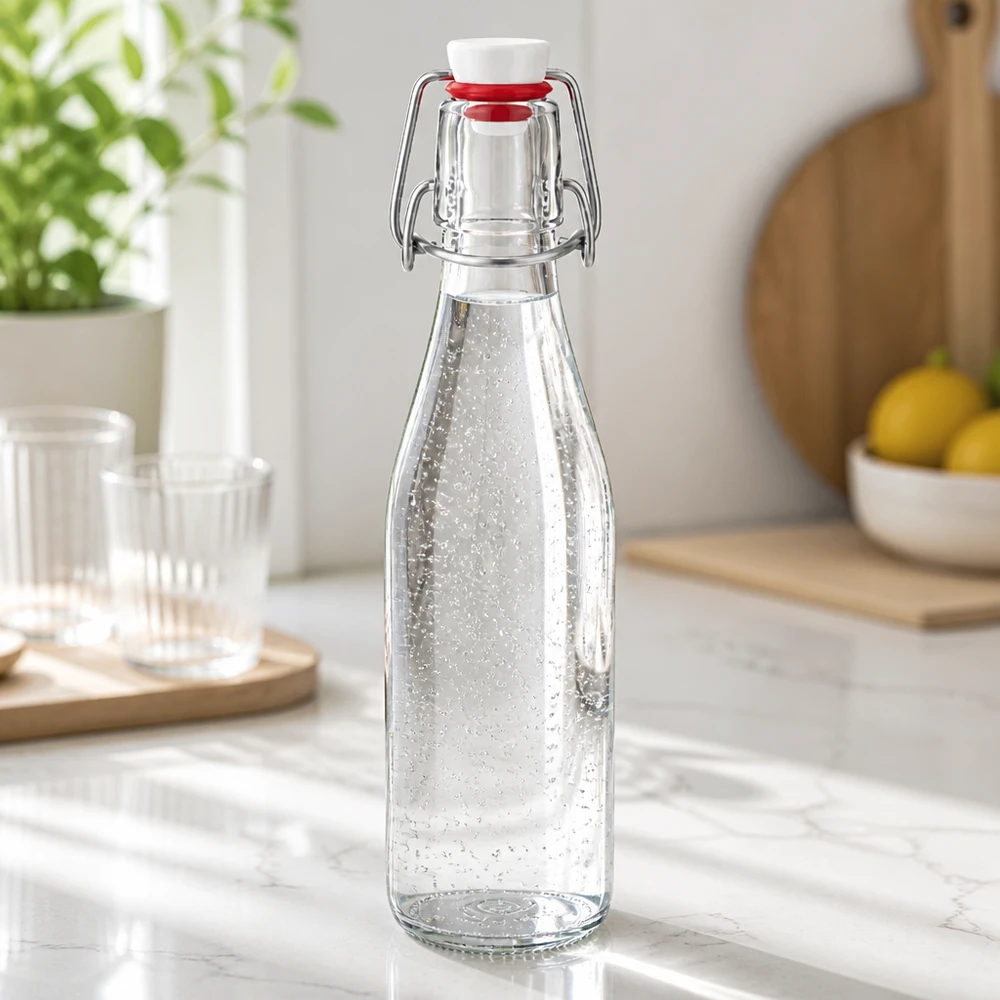 Bouteille en verre de 250 ml + bouchon mécanique PVC UNiTWIST Bouteille en verre de 250 ml avec bouchon à étrier remplie d'eau minérale, plan de travail de cuisine moderne en marbre avec verres
