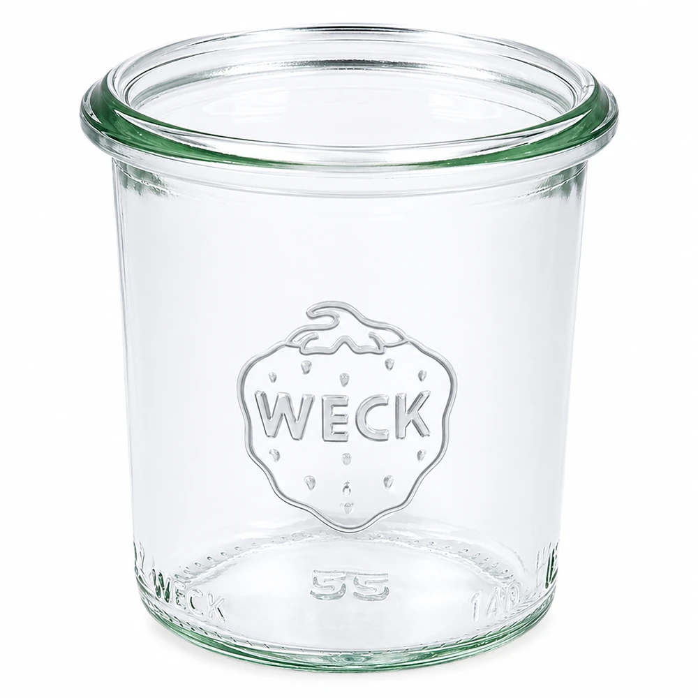 140ml WECK Pot renversé RR60 en verre clair avec logo WECK et joint d'étanchéité vert pour la mise en conserve