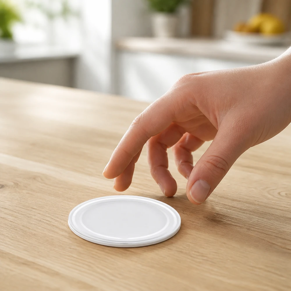 Un couvercle blanc rond TO63 BioSeal BPA-NI unitemp est retiré à la main de la table