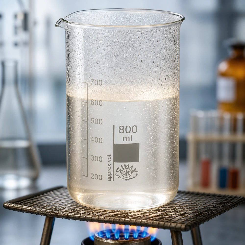 Bécher 800ml en verre borosilicate résistant à la chaleur (forme haute) Bécher de laboratoire transparent de 800 ml, de forme haute, contenant un liquide en ébullition et produisant de la vapeur