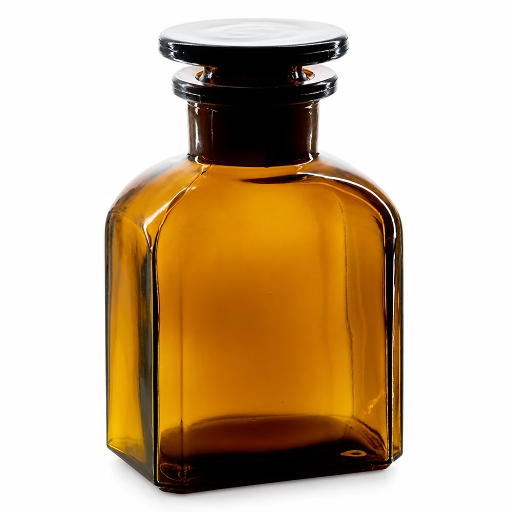 Flacon carré col large 150 ml + bouchon RIN, verre ambré Bocal de conservation carré en verre ambré de 150 ml avec couvercle en verre, idéal pour conserver les liquides en toute sécurité