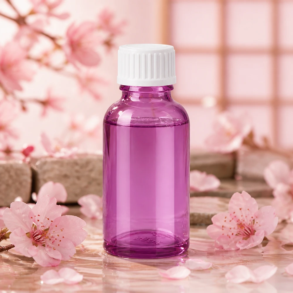 Flacon de 30ml (globules). Anneau de coulée 3mm blanc Standard PurpleLine. UT18/30 Verre violet de 30 ml avec bouchon compte-gouttes blanc parfait pour un dosage précis des huiles