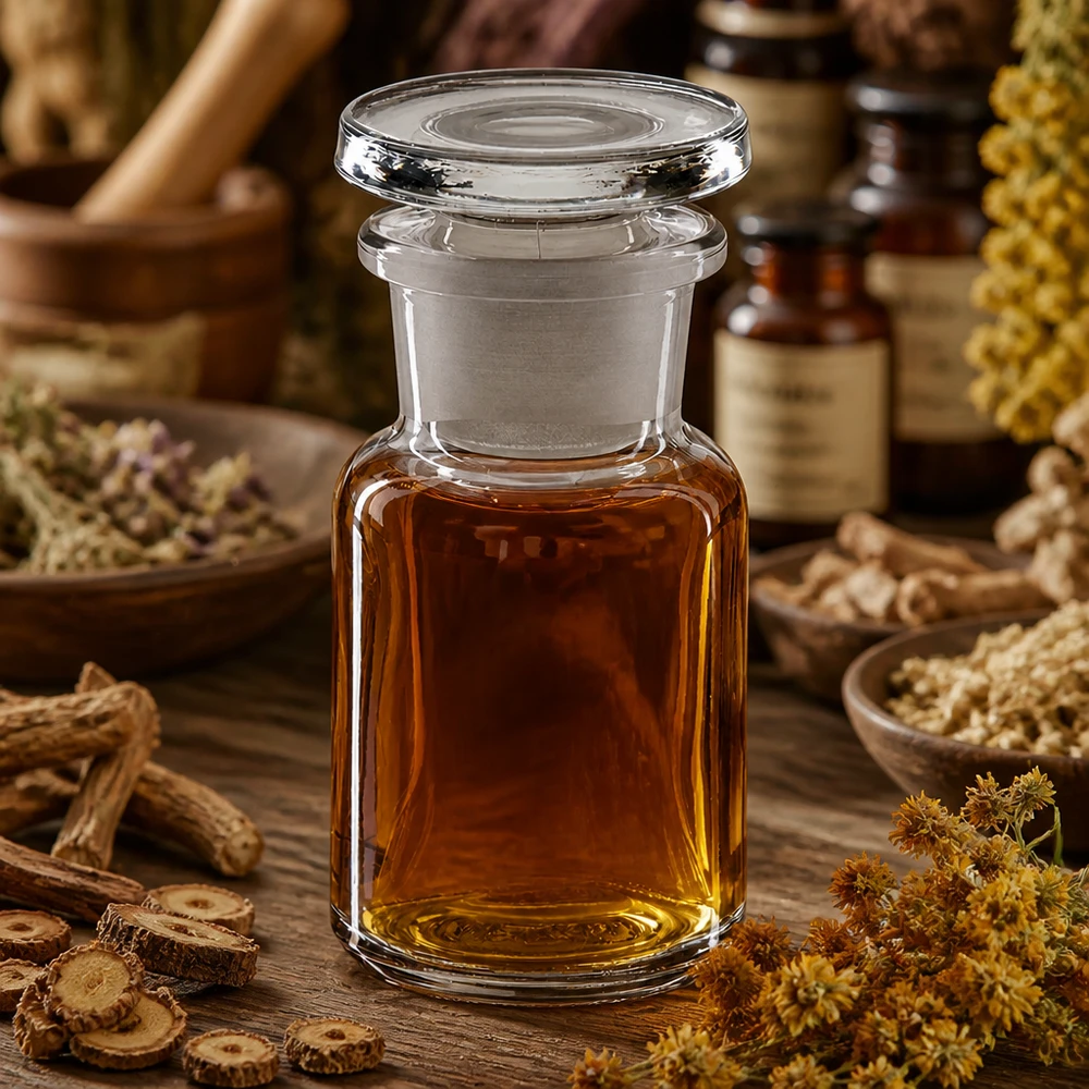 Flacon pharmaceutique 50 ml col large + bouchon verre clair Petite bouteille en verre de 50 ml avec bouchon, destinée à la médecine naturelle, à l'aromathérapie et aux extraits de plantes