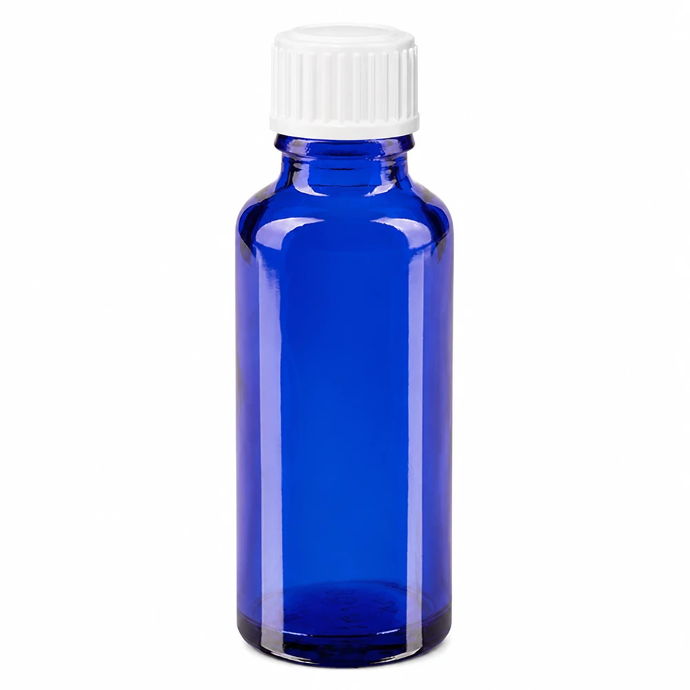 Flacon en verre bleu cobalt de 30 ml avec bouchon à vis blanc à sécurité enfant, qualité pharmacie