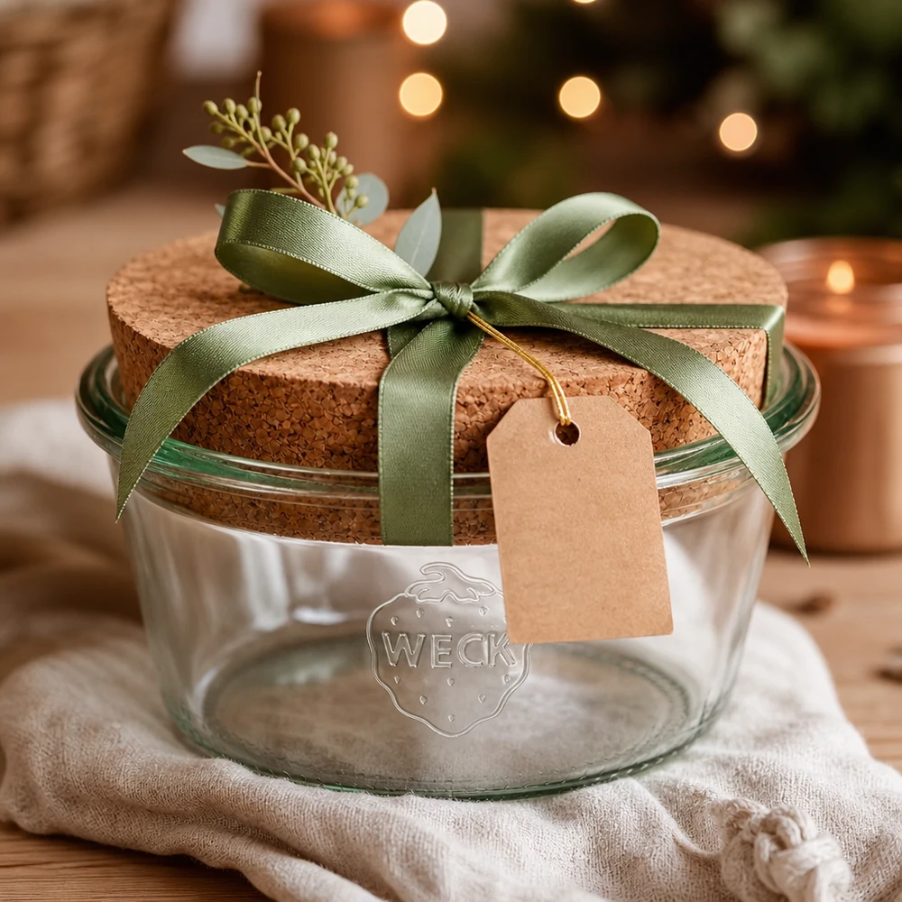 290ml bocal conique faible WECK RR80 avec bouchon nature WECK Verre renversé 290ml RR100 avec bouchon comme emballage cadeau décoré d'un ruban vert et d'un pendentif