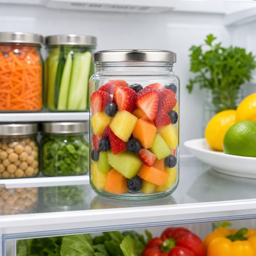 382ml Verre rond avec couvercle BasicSeal argent UNiTWIST Pot rond de 382ml avec couvercle argenté rempli de salade de fruits au réfrigérateur Food Prep Meal Prep bocal de conservation