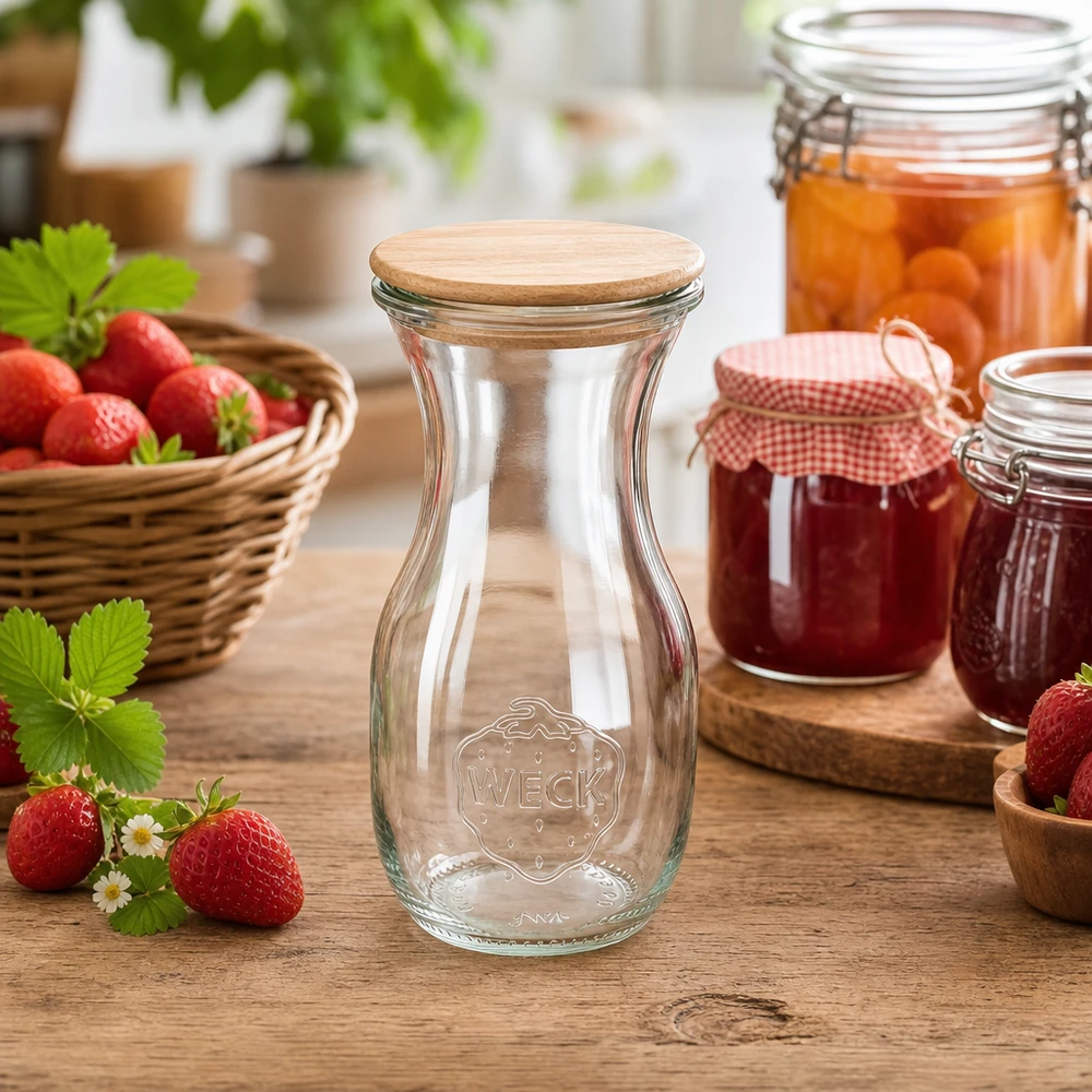 WECK Bouteille de jus 290ml avec couvercle en bois dans un environnement de cuisine naturel avec des fraises et des pots de confiture