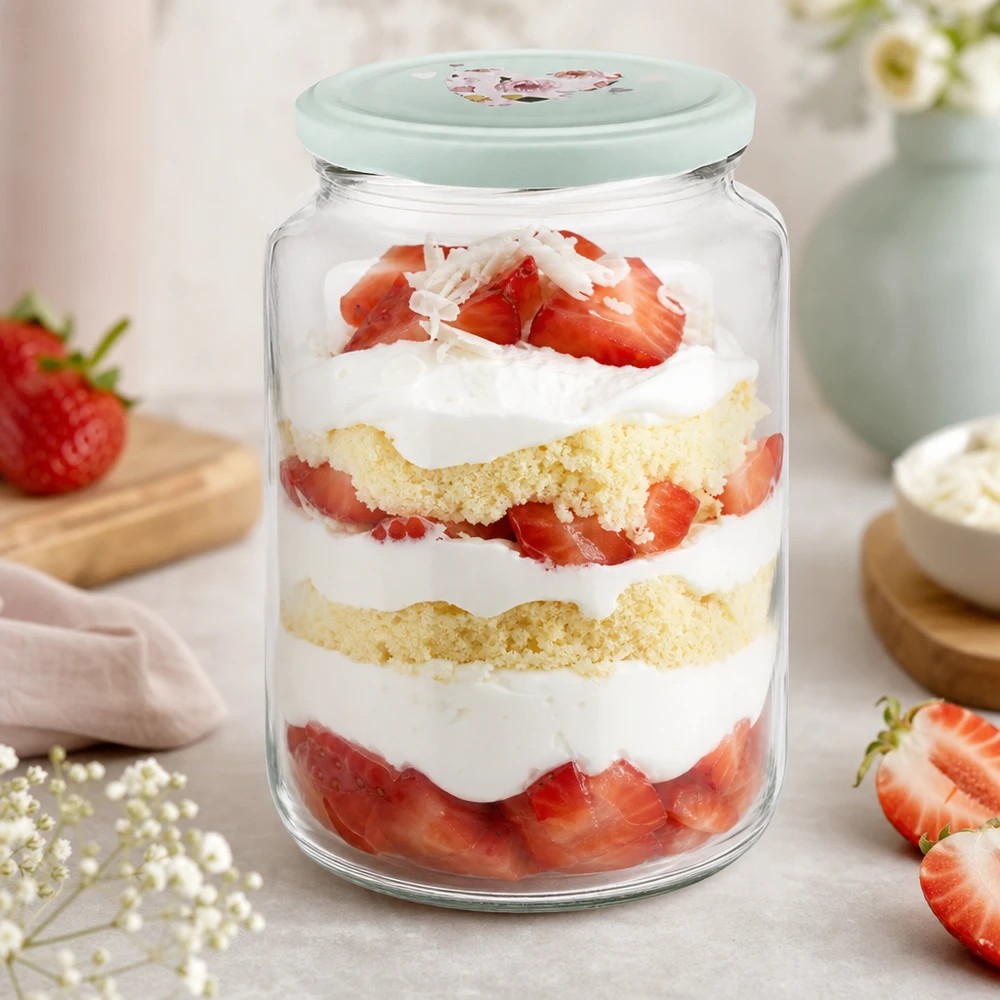 795ml Verre rond menthe Couvercle en forme de cœur avec trifle de fraise Dessert en verre stratifié Gâteau Crème Baies Dessert