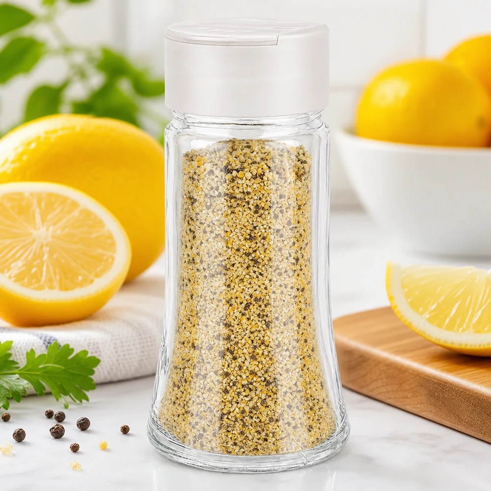 Poivre au citron dans un bocal à épices transparent de 95 ml, muni d'un couvercle blanc à double saupoudreuse, avec des citrons frais sur le dessus