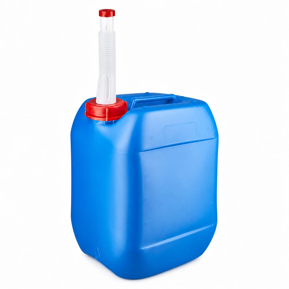 Bidon rectangulaire haute performance de 10 L, bleu, avec un long bec verseur flexible pour un remplissage précis