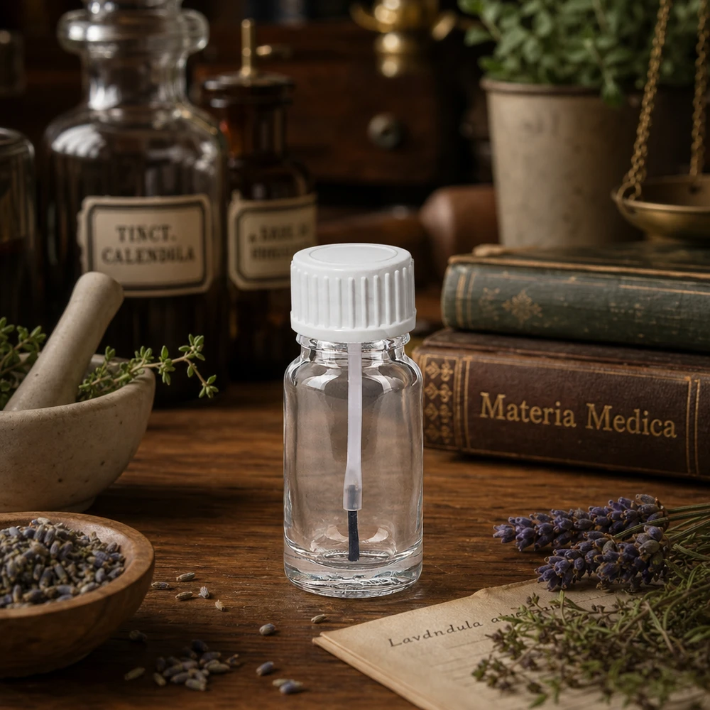 Petit flacon en verre de 10 ml muni d'un pinceau, dans un décor typique de pharmacie avec de la lavande et des ouvrages de pharmacopée