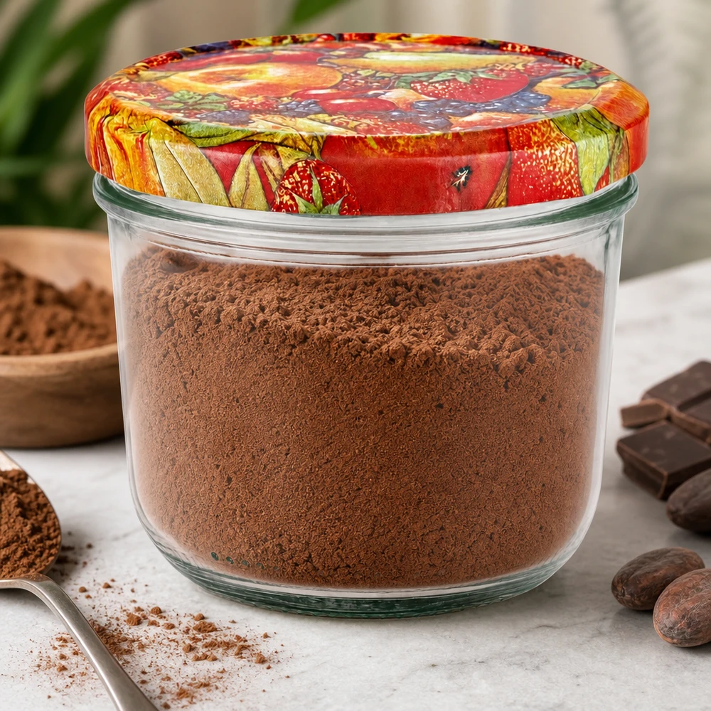 Verre renversé de 230 ml rempli de poudre de cacao et couvercle coloré BasicSeal décor fruits entouré de chocolat et de cacao