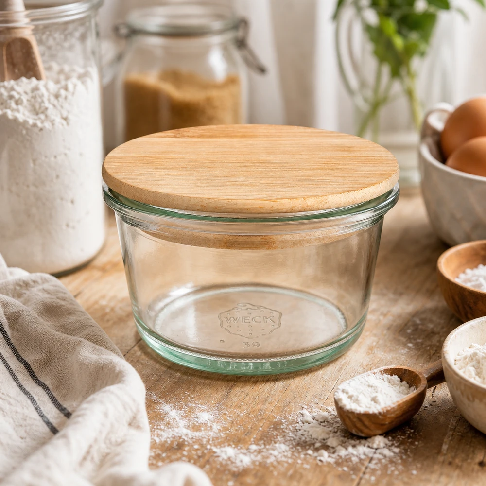 WECK Gourmetglas 165ml RR80 vide avec couvercle en bois sur la table de cuisine entre les ingrédients de cuisson farine œufs et ustensiles de cuisine