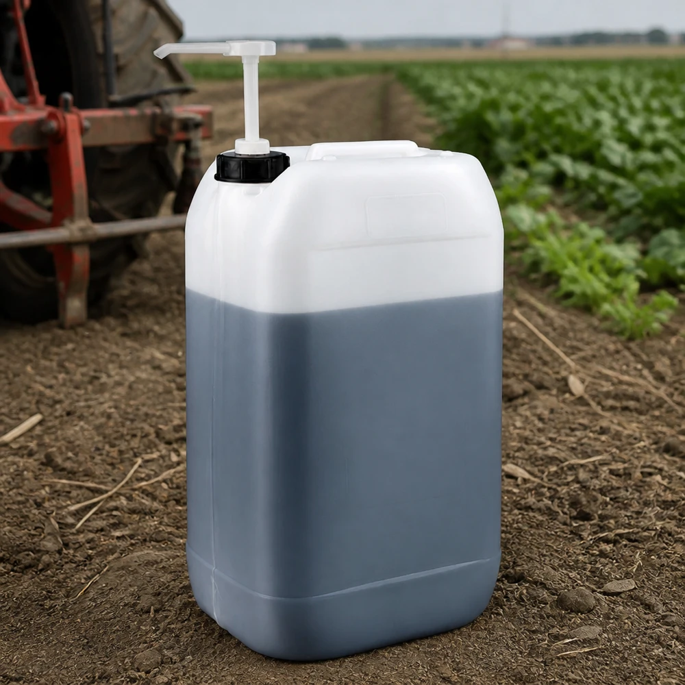 Jerrican de 15 litres avec pompe doseuse Bidon de 15 litres à moitié plein, contenant un liquide gris-bleu et muni d'une pompe blanche, à l'extérieur