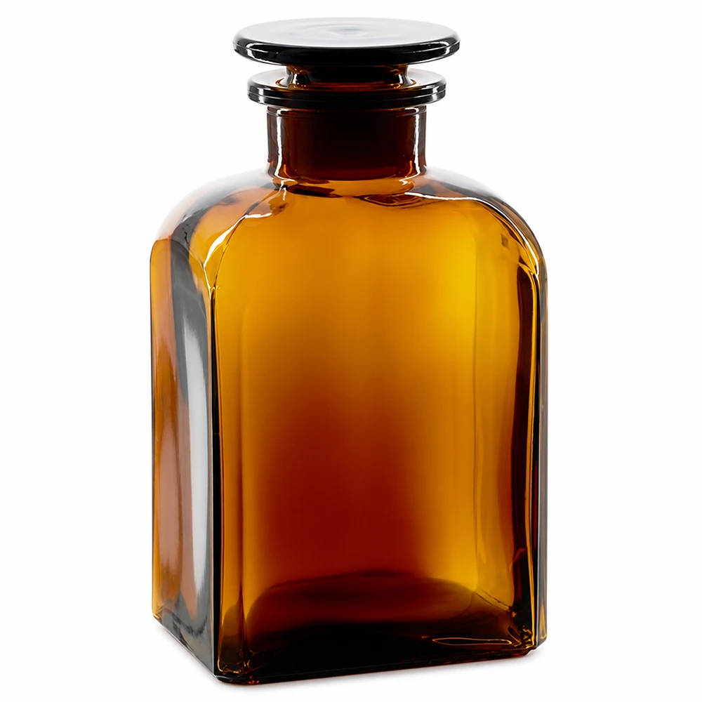 Flacon carré col large 500 ml + bouchon RIN, verre ambré Flacon de laboratoire brun de 500 ml, de forme carrée, avec bouchon en verre, pour pharmacie et laboratoire