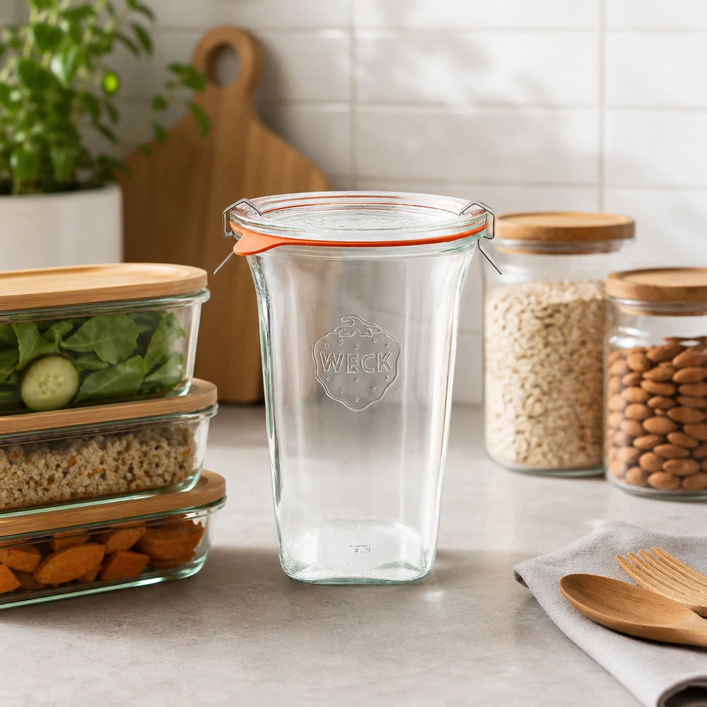 WECK Quadroglass 795ml RR100 dans une cuisine moderne avec des bocaux à provisions et des couvercles en bois pour une conservation stylée