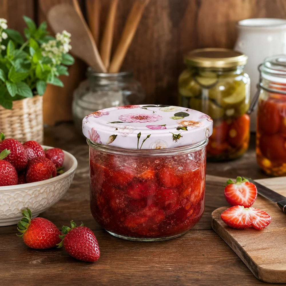 Pot de conservation 260ml avec couvercle à fleurs rempli de confiture de fraises - Pot renversé pour confiture et marmelade de cuisine