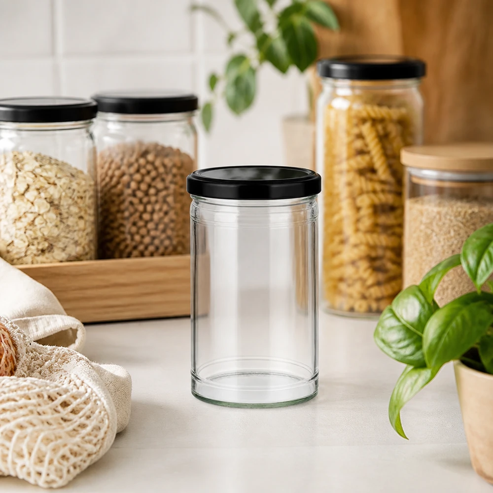 Bocal vide renversé de 1053ml avec couvercle noir dans la cuisine Zero-Waste avec bocaux à provisions et matériaux durables