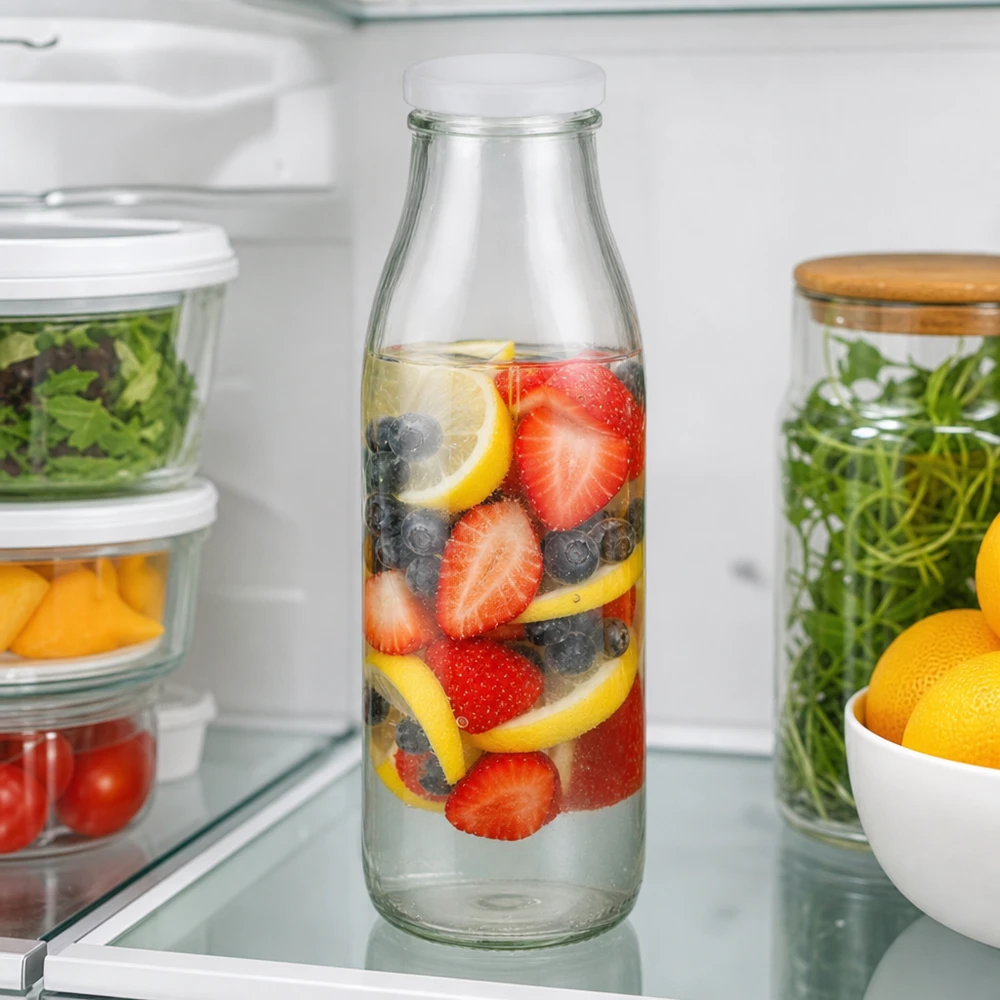 Bouteille en verre de 500 ml avec couvercle BasicSeal pleine d'eau infusée aux baies et au citron à conserver au réfrigérateur entre deux aliments frais.