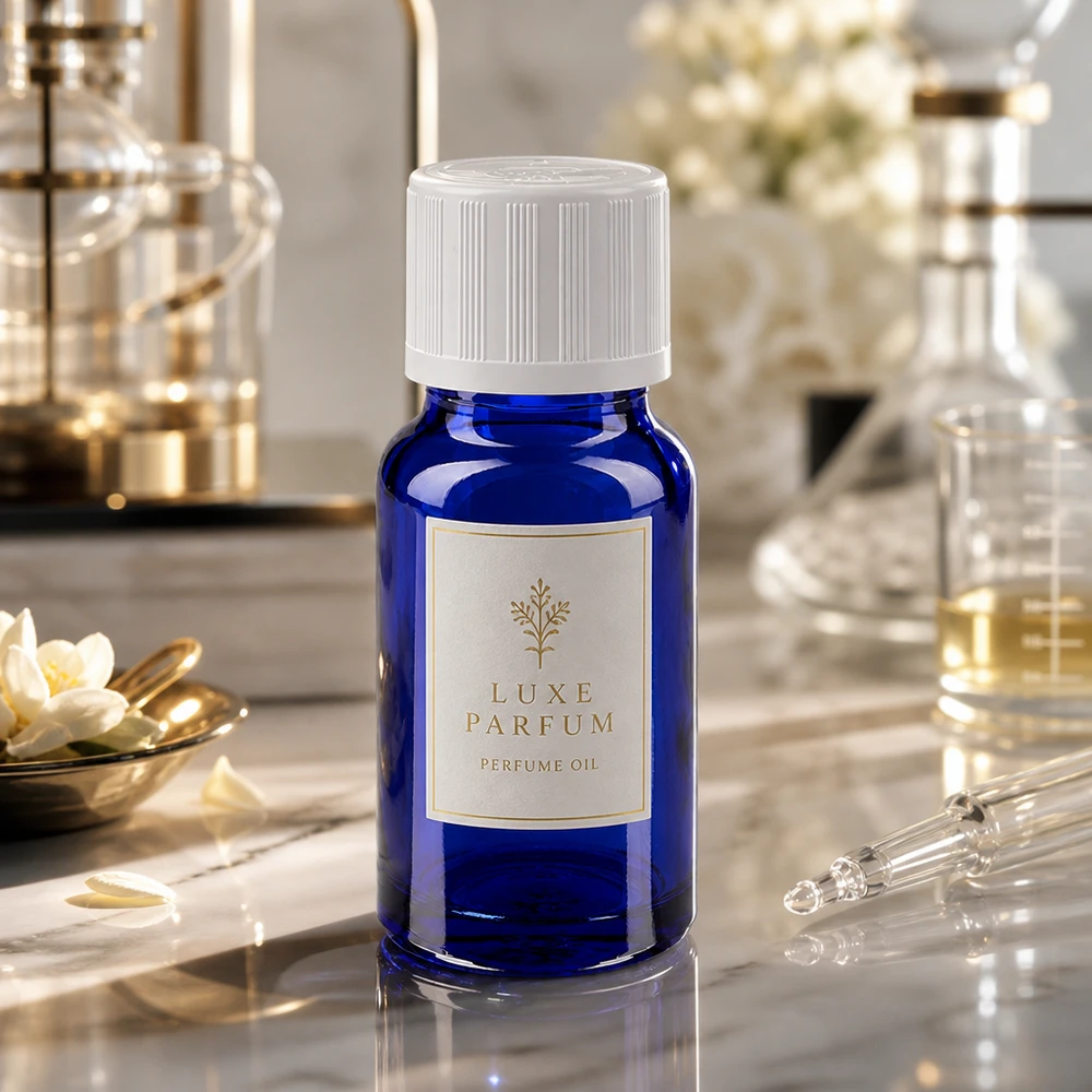 Flacon en verre d'apothicaire bleu de 10 ml avec un bouchon KiSi, posé sur du marbre à côté d'une pipette en verre et de fleurs blanches