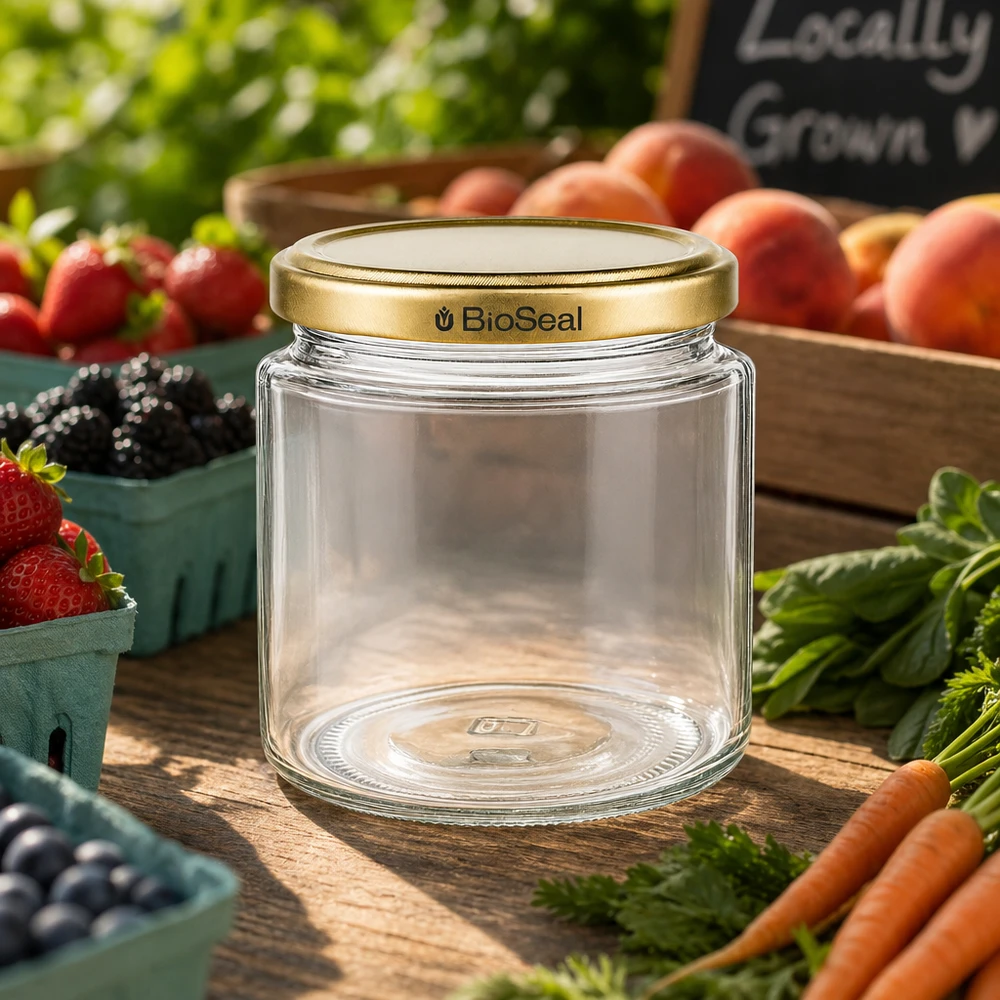 BioSeal pot de miel de 250ml sur un étal de marché avec des fruits et légumes frais, couvercle doré UNiTWIST pour la mise en conserve