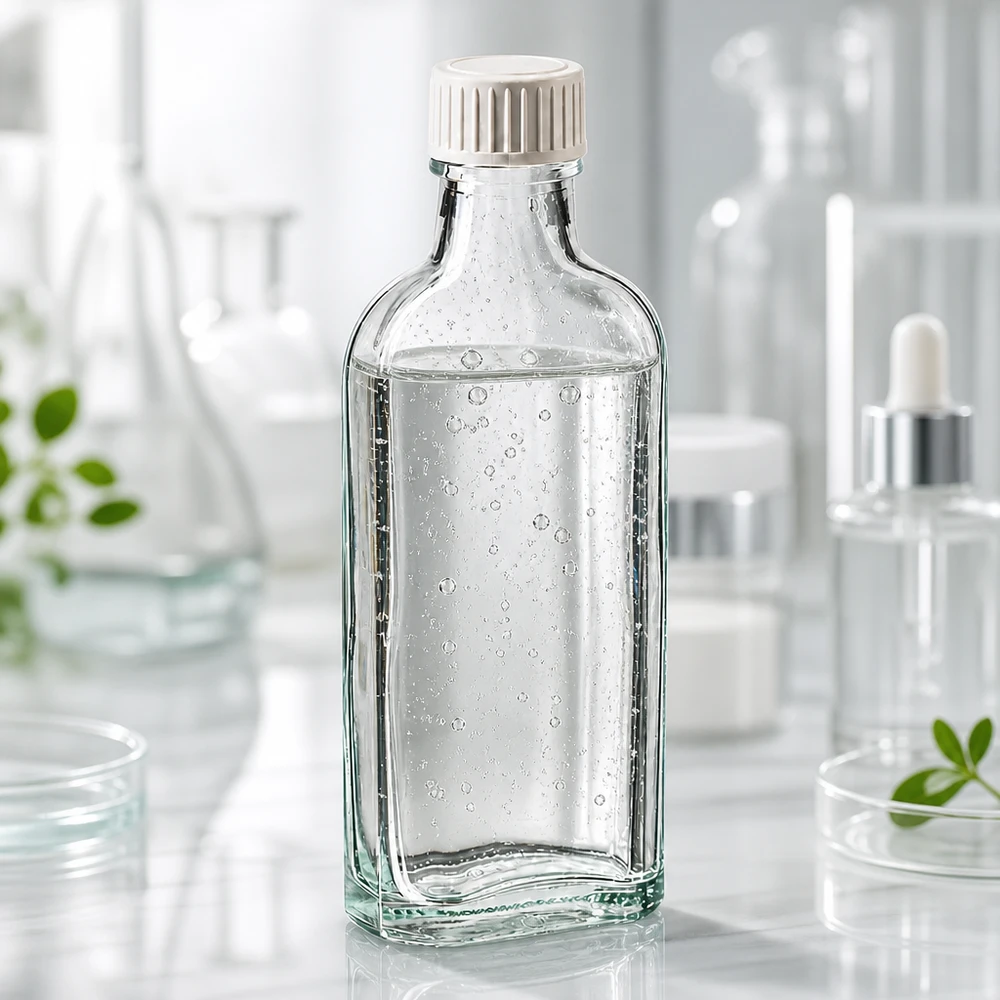 Flasque transparente de 100 ml au goulot DIN 22, avec bouchon à vis DIN 22 blanc en PP et joint mousse en PE Bouteille rectangulaire en verre de 100 ml avec un bouchon en plastique blanc et des bulles d'air visibles dans le liquide