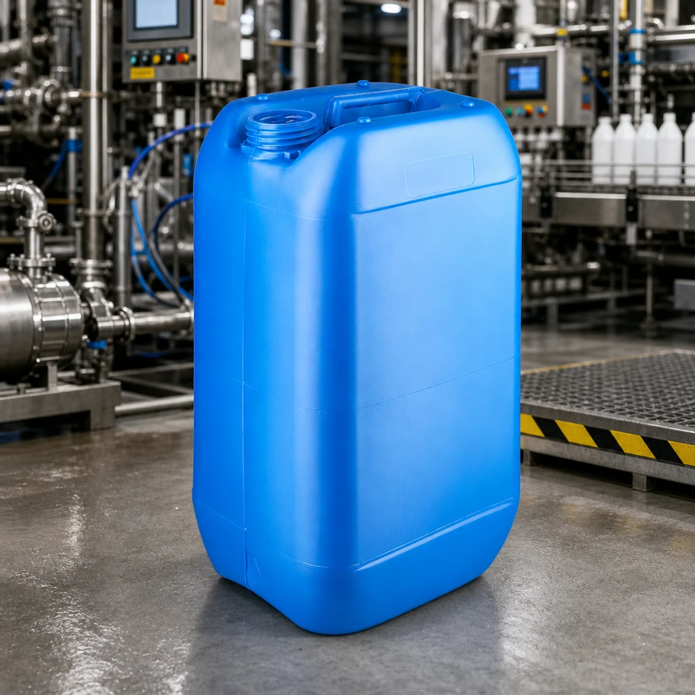 Bidon industriel bleu de 15 litres, sans couvercle, doté d'une large ouverture facilitant le remplissage
