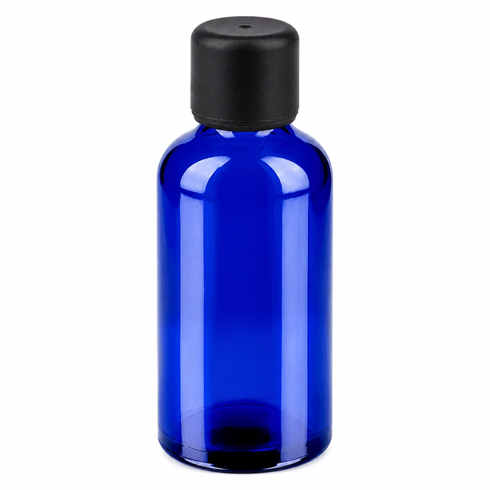 Flacon 50ml 6mm SV noir STD BlueLine UT18/50 Petit flacon en verre bleu de 50 ml avec couvercle noir pour le voyage et les déplacements