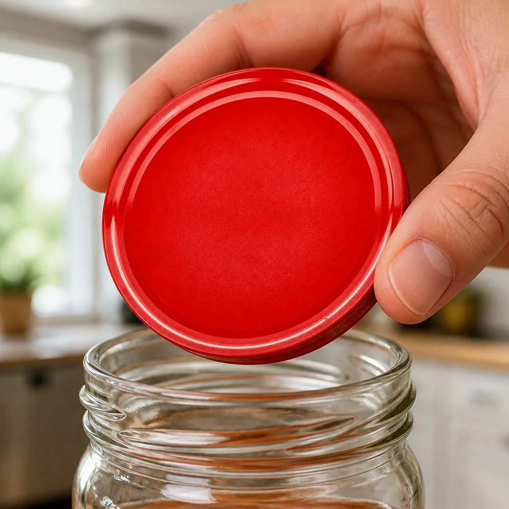 Couvercle à vis rond et rouge de 82 mm BasicSeal TO82, adapté aux bocaux de conserve standard