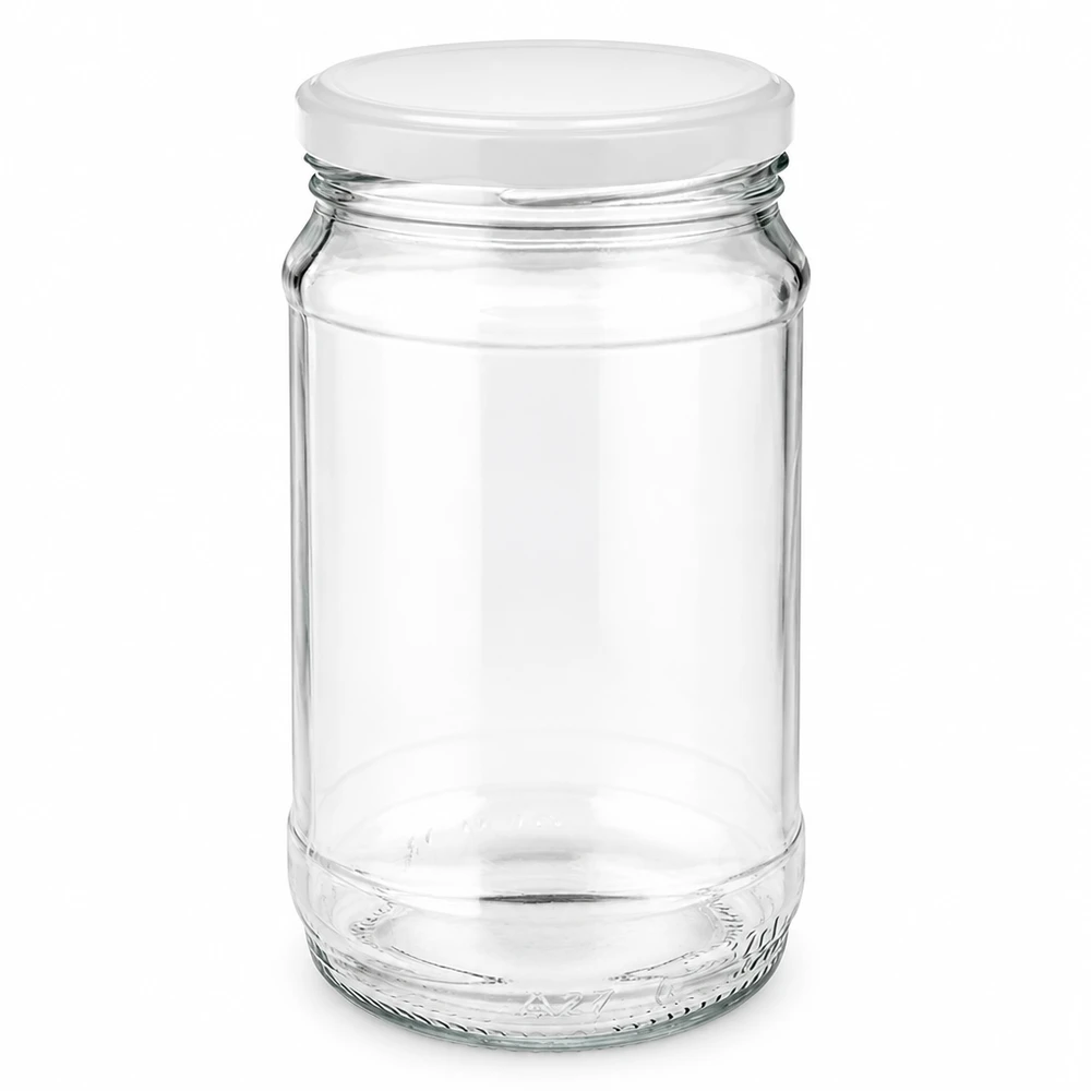 Bocal rond en verre de 370 ml + couvercle BasicSeal blanc UNiTWIST Bocal cylindrique en verre transparent de 370 ml avec couvercle blanc BasicSeal Twist-Off UNiTWIST