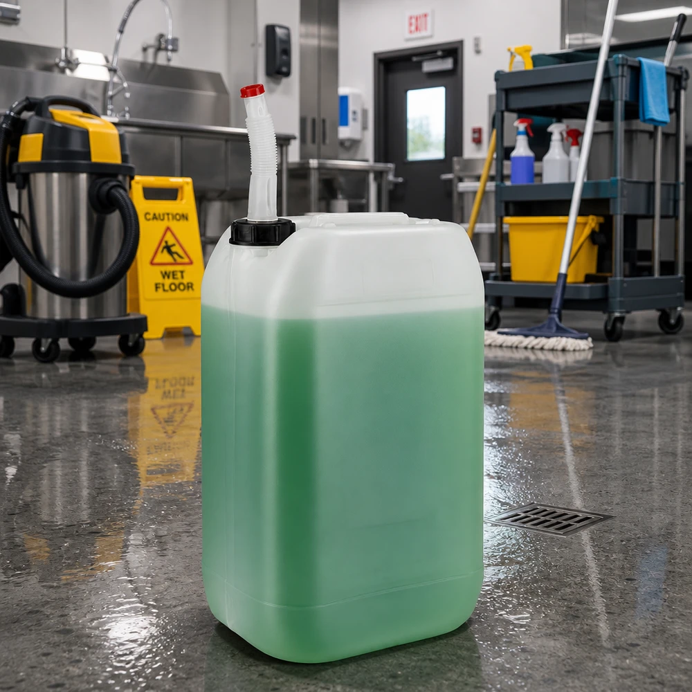 Bidon 15 litres avec tuyau d'écoulement Flex Bidon de 15 litres rempli, muni d'un bec verseur flexible, destiné au secteur du nettoyage professionnel