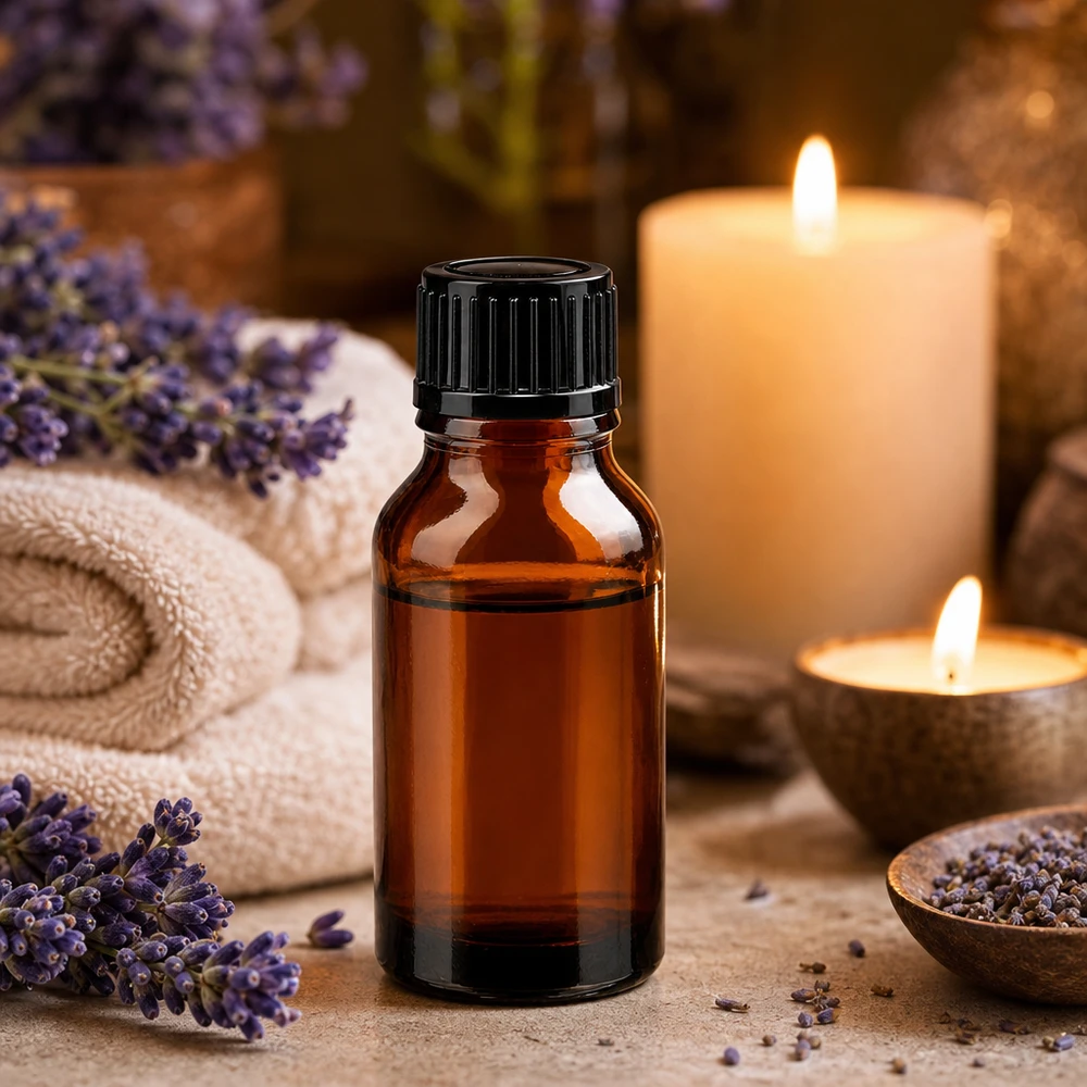 Flacon compte-gouttes en verre ambré de 15 ml avec bouchon noir, à côté de la lavande et de bougies