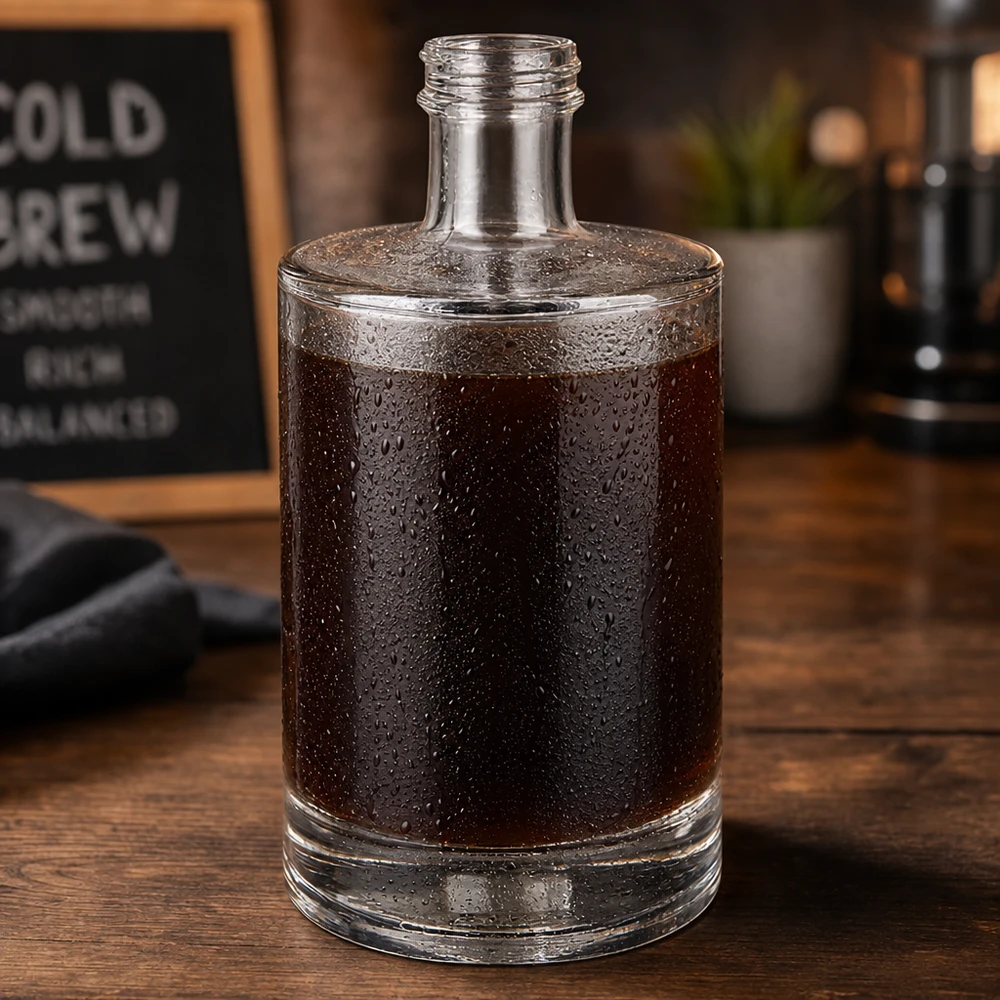 Bouteille en verre 500 ml « Sam » sans bouchon à vis UNiTWIST® Bouteille en verre de 500ml Sam remplie de café Cold Brew Condensation Gouttes d'eau Café Ambiente Support en bois