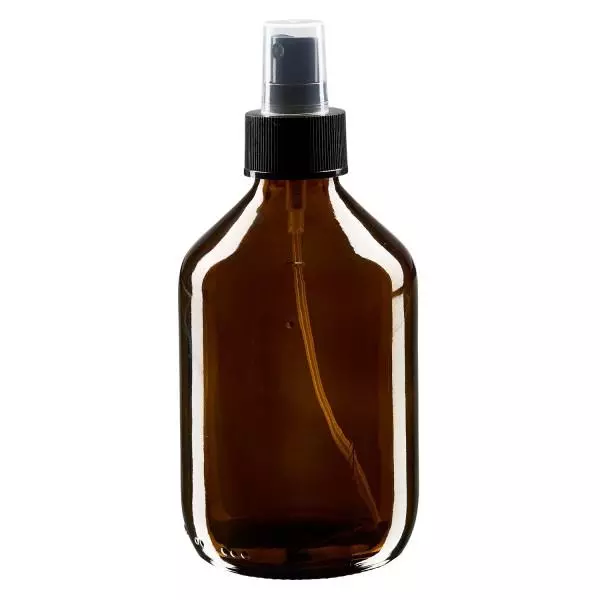 Flacon médical norme européenne de 300 ml avec spray noir GCMI 28/410 et couvercle transparent, standard Flacon médical norme européenne de 300 ml avec spray noir GCMI 28/410 et couvercle transparent, standard