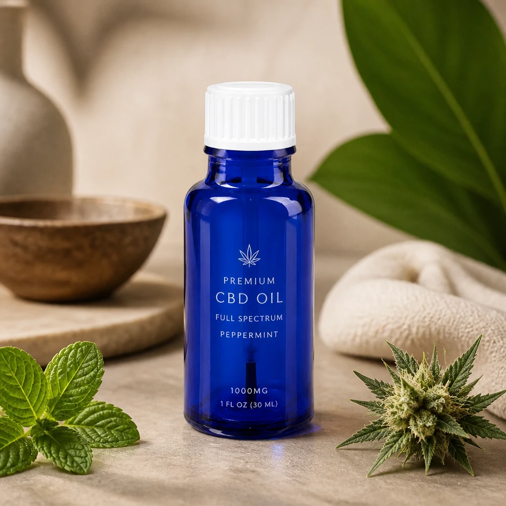 Flacon à pharmacie bleu 20ml bouchon à vis blanc pinceau Flacon de pharmacie bleu de 20 ml avec bouchon blanc pour huile de CBD à spectre complet à la menthe poivrée 1 000 mg