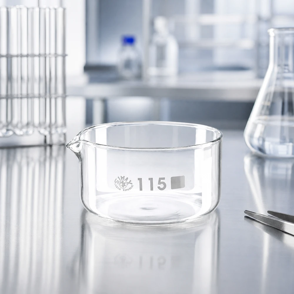 Bac de laboratoire transparent de 500 ml avec bec verseur, à côté de flacons Erlenmeyer et de tubes à essai de 115 mm