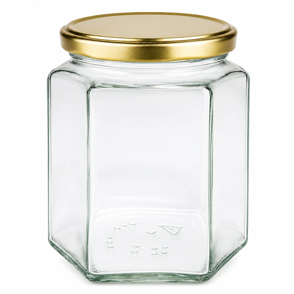 Pot à miel 500 g avec couvercle doré BasicSeal UNiTWIST 500g pot de miel avec couvercle doré BasicSeal UT transparent vide hexagonal pour miel apiculture